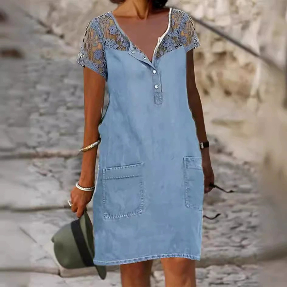 ZARA Womens Embroidered Lace Patchwork Denim Short Sleeve Dress